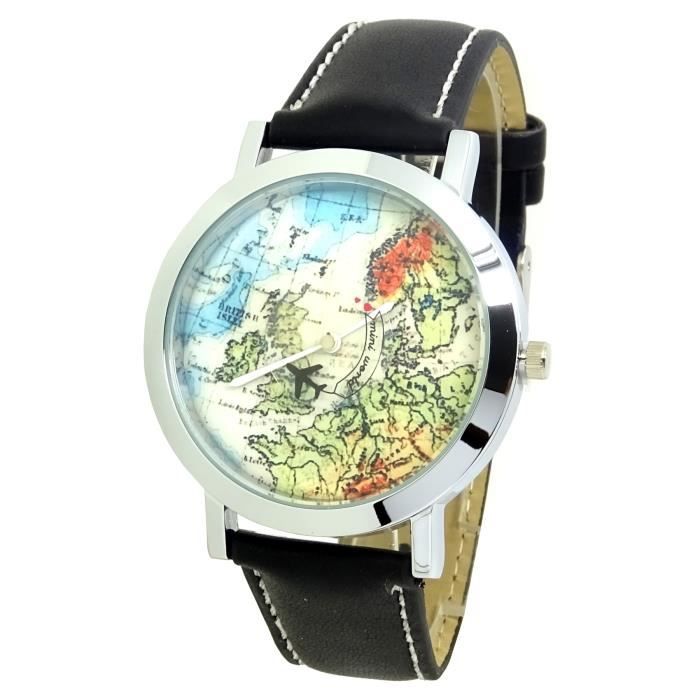Montre Aviateur Avec Carte Du Monde - Boîtier 40 Mm En Acier Doré - Bracelet Jaune - Neuf Avec Boîte Et Documents