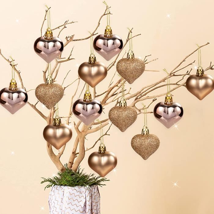 Lot de 36 boules de Noël en forme de cœur en plastique doré champagne 