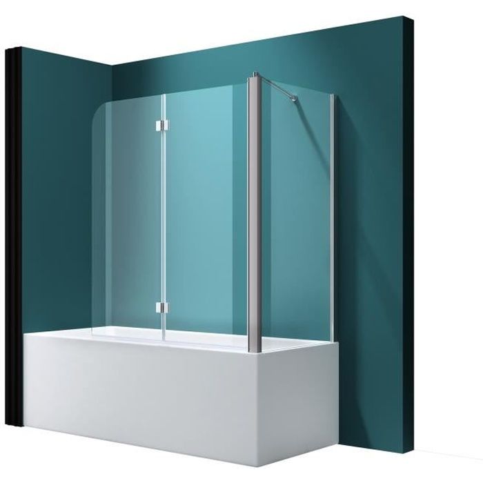 Pare-baignoire pivotant et pliant 100x140cm écran de baignoire avec paroi  de baignoire fixe 75x140cm en verre trempé et anticalcaire