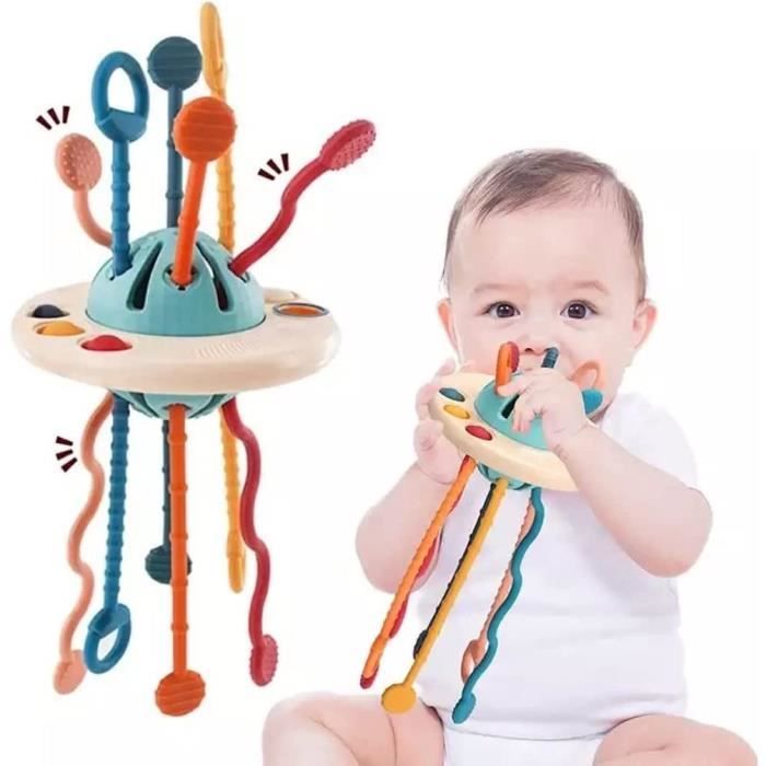 Jouet Montessori 1 An Avion à Tirer - Jeu Sensoriel Dentition, 6 Cordes Textures, En Silicone Sans BPA