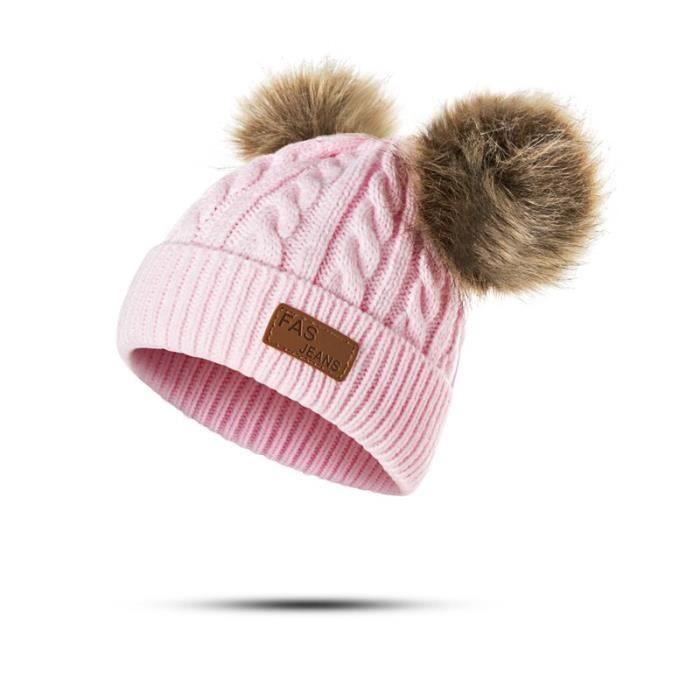 Vêtement Enfant Chaud 0-3 Ans TYXHXTF 2 Bonnets Bébé Tricoté Hiver - Double Pompon Pour Fille/Garçon 0-3 Ans (Blanc + Rose) Bonnet Double Pompon Hiver