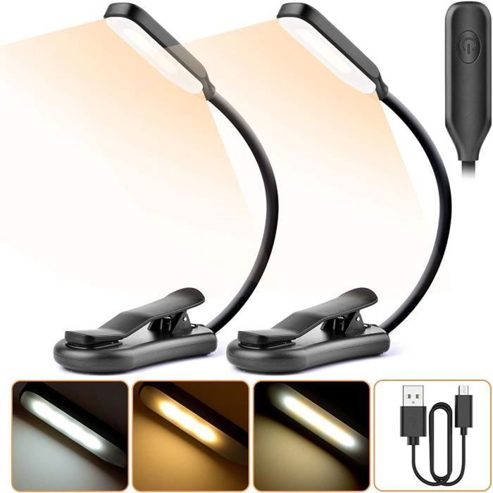 Lampe de Lecture Liseuse Lampe Clip USB Rechargeable 360°Cou Flexible 3 Température de Couleur Mini Veilleuse(2PCS)
