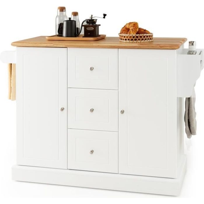 COSTWAY Desserte de Cuisine - 5 Roues Cachée - 127x46x915cm - Ilot Central Cuisine - Porte Tiroirs Porte-serviettes