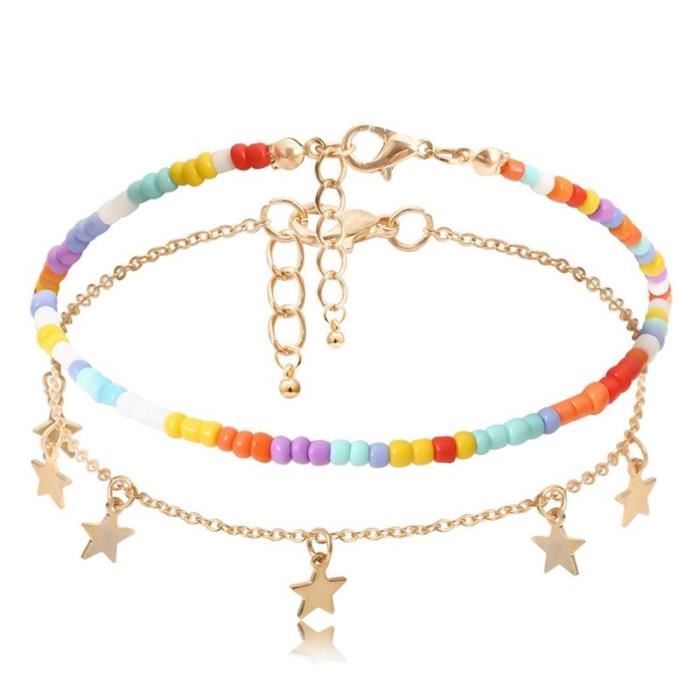 Cheville Argentée Avec étoiles Et Breloque Chaîne Perlée - Femme - Neuf