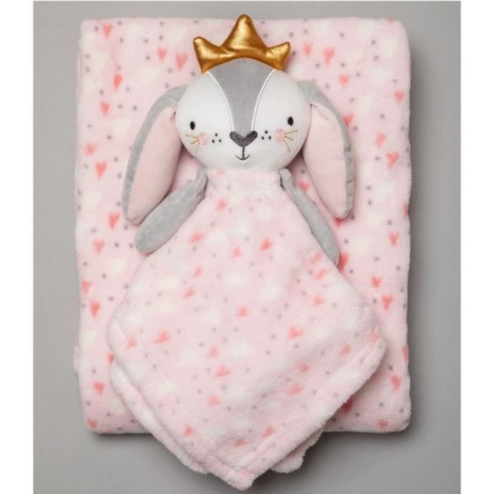 Couverture bébé + doudou carré plaid polaire rose fille lapin