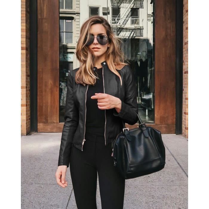 Femme Veste En Simili Cuir Decontracte Style Motard PU Biker Blouson Cuir En Col Montant noir L