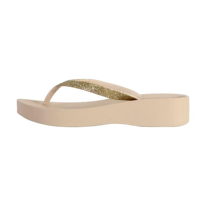 Tong Compensees a Enfiler Ipanema Mesh Chic Plat Beige Brillant
