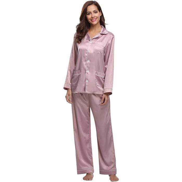 Femmes Ensemble Pyjama en Satin Manche Longue Vêtements de Nuit pour ...