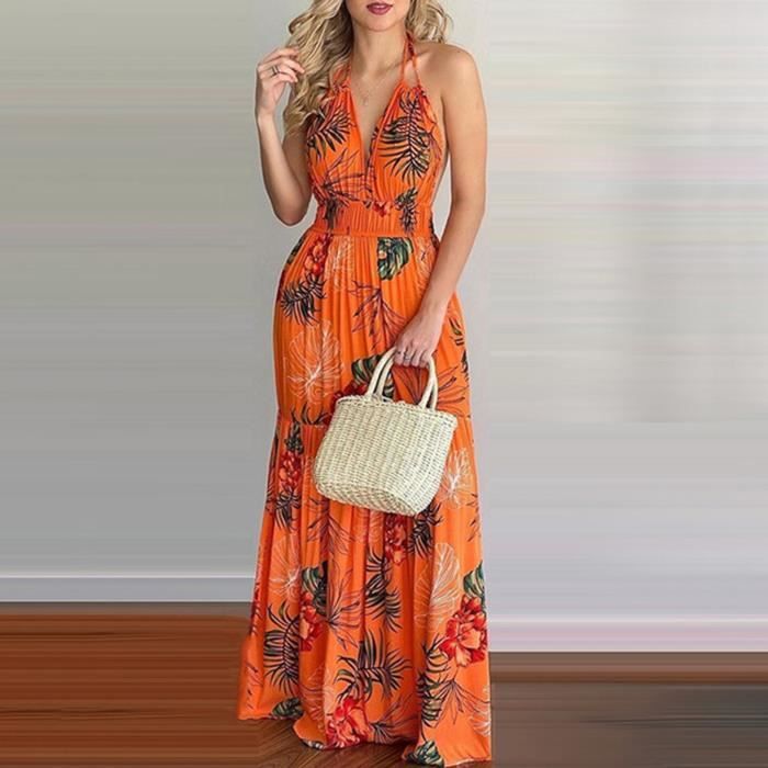 Robe Maxi Dos Nu Imprime Tropical Femme De Plage Sans Manches Sexy Cxg210316531Orl2 Orange Cdiscount Pret a Porter