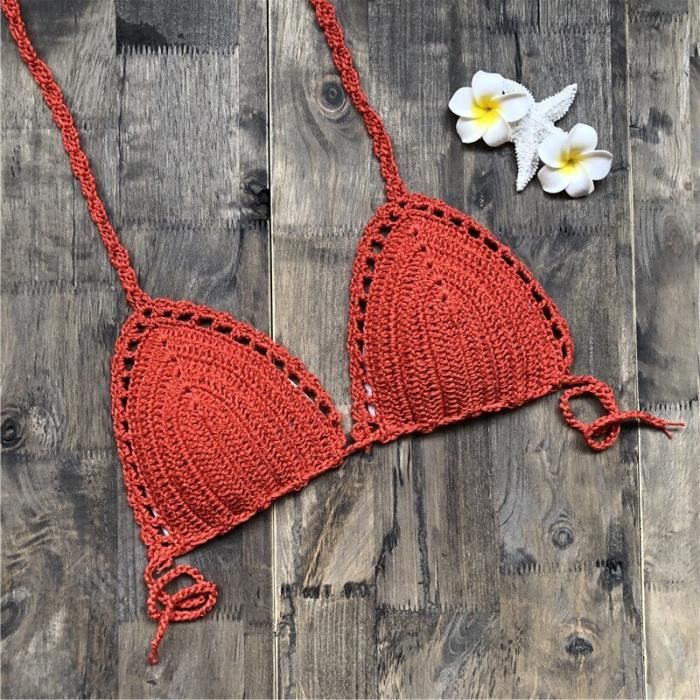 Maillot De Bain Deux Pièces Crochet Jaune Patchwork – Bikini Femme Été Sexy Dos Ouvert