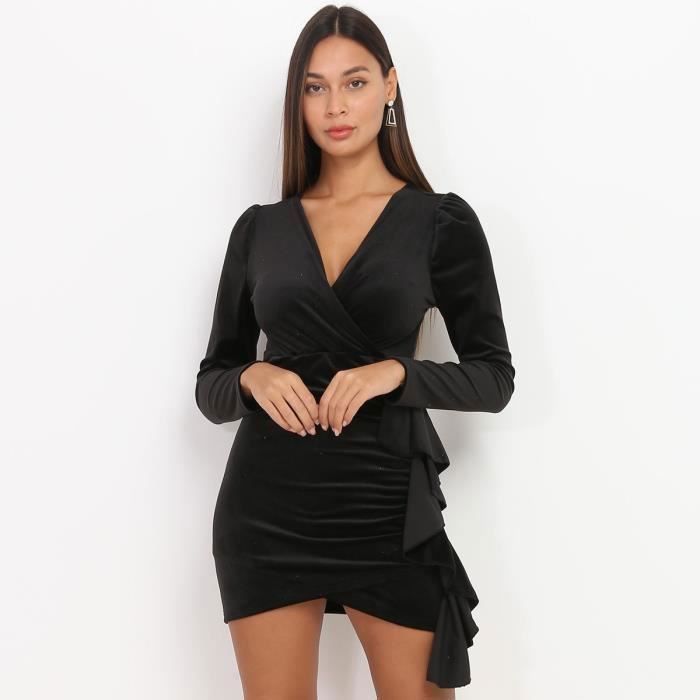 Robe noire en velours volants Noir Cdiscount Pr t Porter