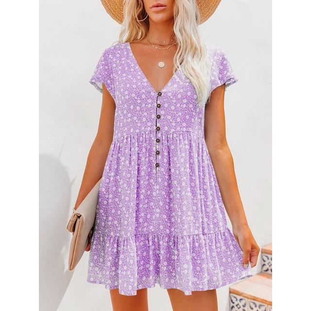 Robe Mini robe a fleurs en mousseline de soie style Boho Sexy col en v manches courtes decontractee ample a la mode Violet D481 Blanc Cdiscount Pret a Porter