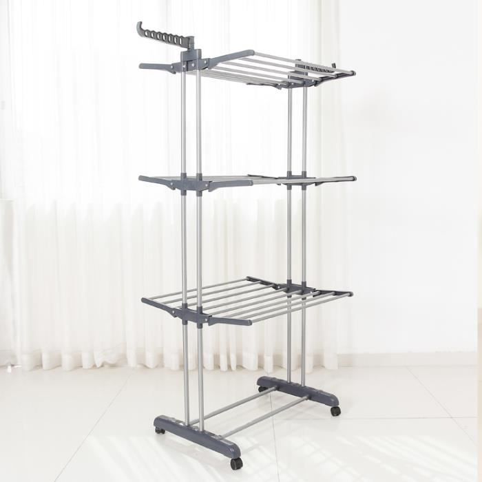NASPALURO Étendoir Multifonctionnel en Acier Inoxydable - 3 Niveaux - Avec Côtés et Roulettes - Ailes Pliables - Gris