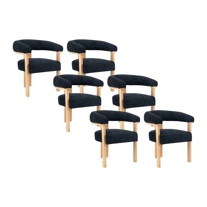Lot de 6 chaises avec accoudoirs en tissu bouclette et bois dhévéa naturel - Anthracite foncé - LIVELIA