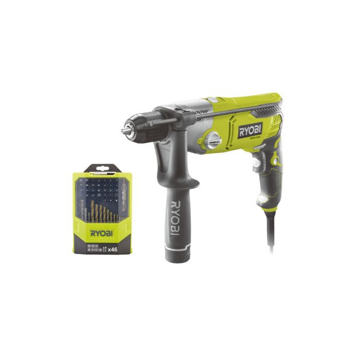 Pack RYOBI Perceuse à percussion RPD1200 K Coffret de 46 accessoires mixtes RAK46MIX