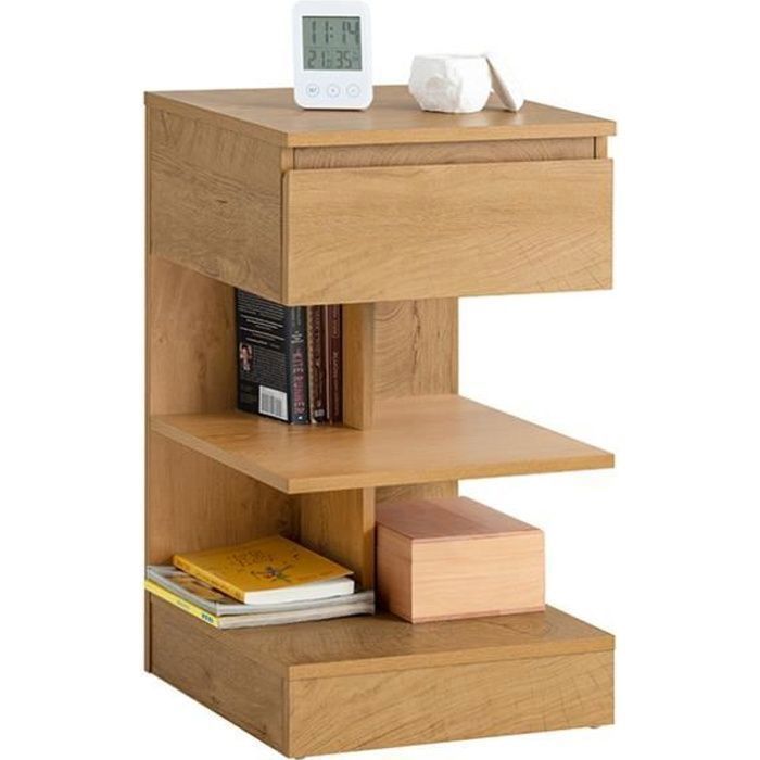 SoBuy Table de Chevet avec 1 Tiroir et 2 Étagères Table de Nuit ou d’Appoint Moderne pour Chambre ou Salon Bois Naturel