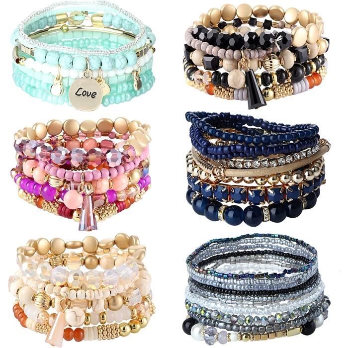 Ensemble De 6 Bracelets Superposables Perles Noires Pour Femme - Chaînettes Dorées, Extensibles, Style Bohème