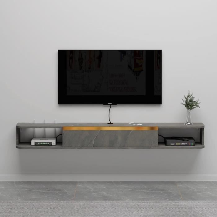 Meuble TV Mural Meuble TV Flottant Avec Trou De Câble, Centre De Divertissement Flottant Avec 2 Tiroirs, Étagère De Rangement Murale Pour Console Média Pour Salon Chambre/140Cm