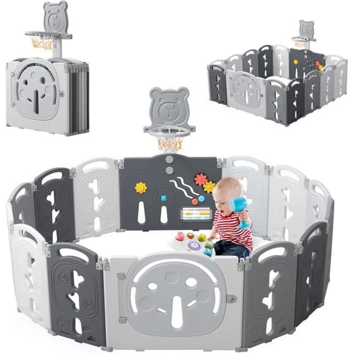YOLEO Parc Bébé Barrière de Sécurité Portail Parc XXL avec Panier de Basket Sécurité Plastique Pliable Gris 14 Panneaux