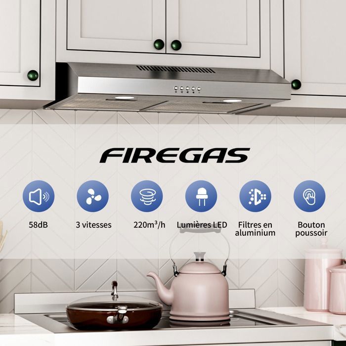 Hotte aspirante FIREGAS 60cm, Hotte aspirante à évacuation/circulation Hotte aspirante FIREGAS 60cm, Hotte aspirante à évacuation/circulation