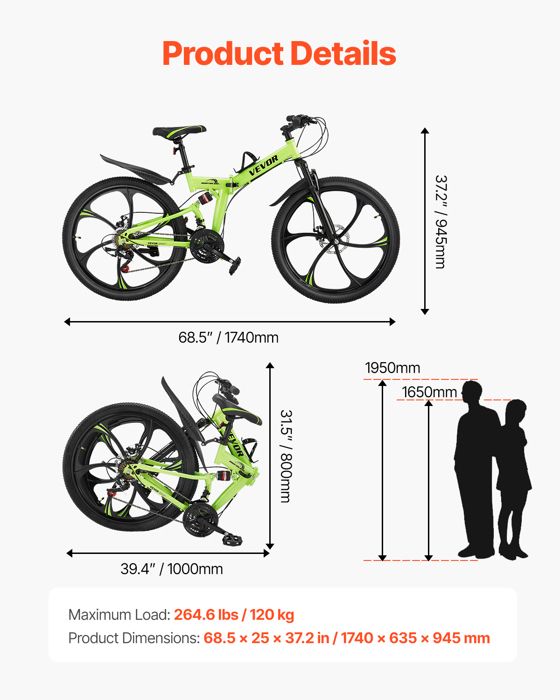 Vélo Femme RUETERY VTT Pliable 26 Pouces, 21 Vitesses Pour Adultes
