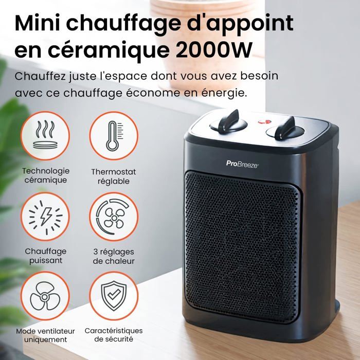 Mini Radiateur Céramique 2000 W - 3 Niveaux de Puissance - Chauffage d