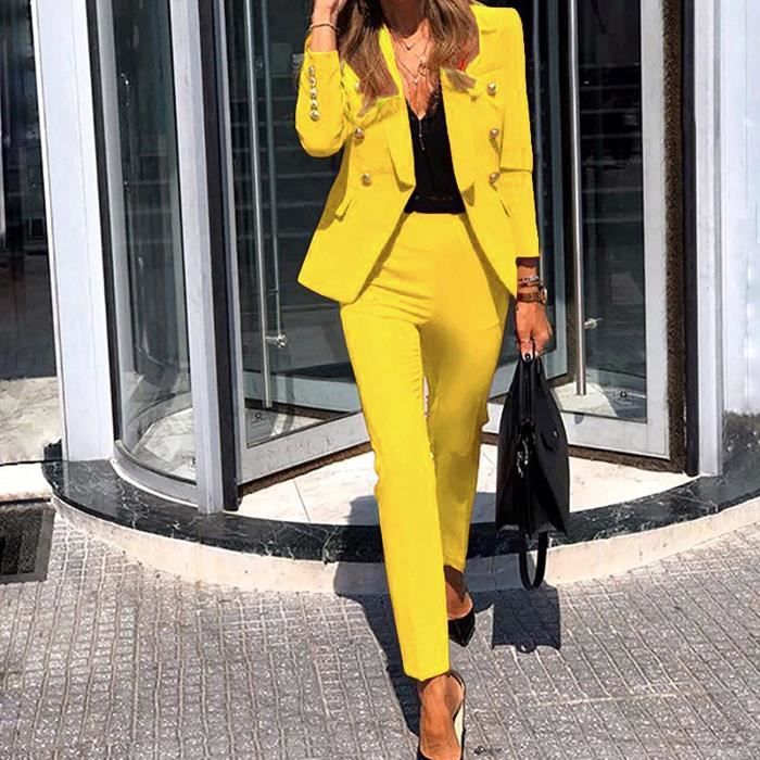 Costume Femme 2 Pièces Tailleur Femme Ensemble Pantalon et Veste Blazer Chic  et Elegant Couleur Unie Slim Fit Formel Bureau Jaune Jaune - Cdiscount  Prêt-à-Porter