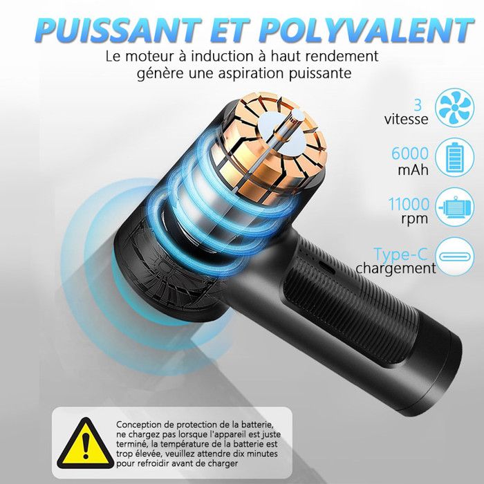Souffleur Air Comprimé Électrique 3 Vitesses 100000 RPM - Dépoussiéreur 6000mAh Avec LED Pour PC, Clavier, Voiture