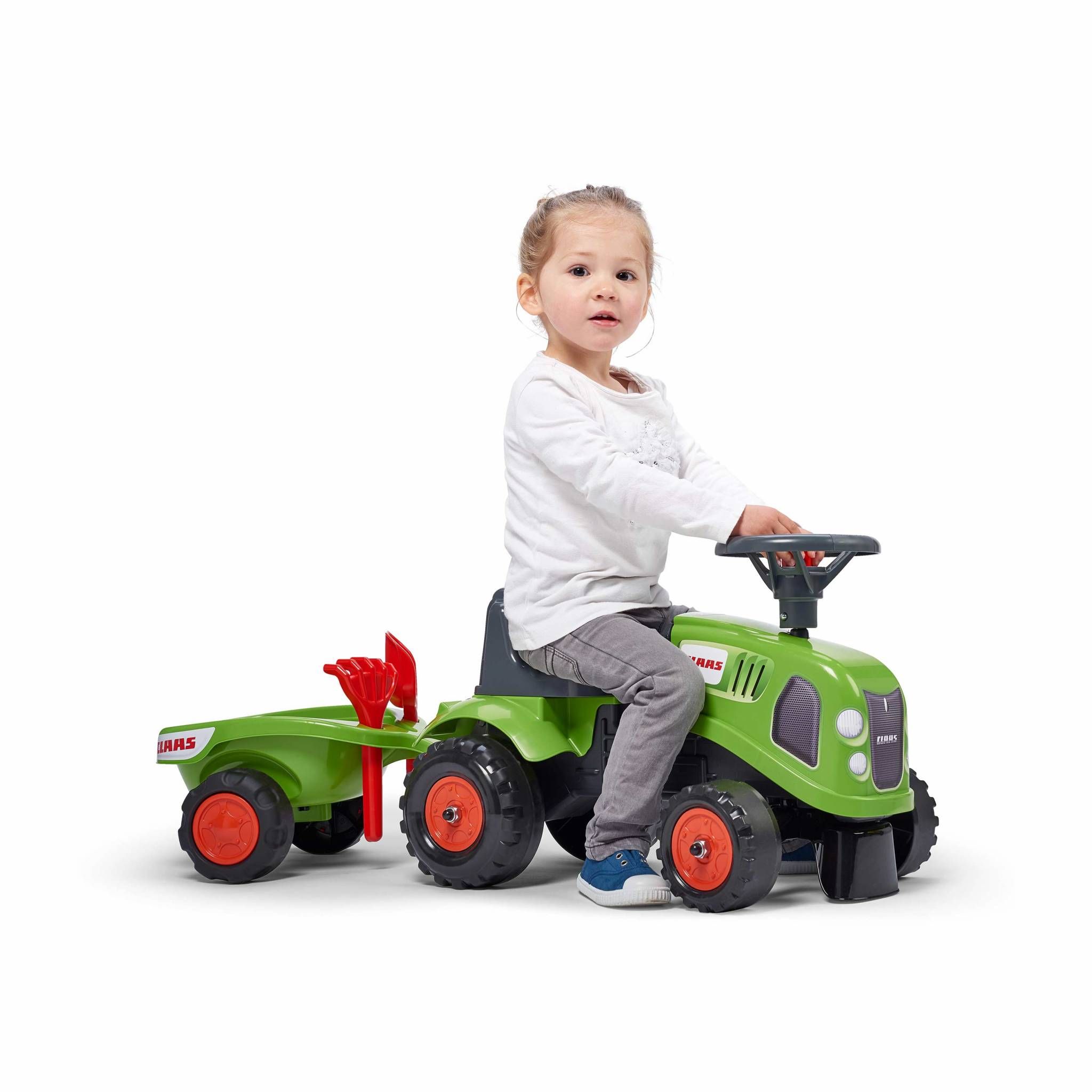 Porteur trotteur Tom Porteur tracteur remorque 2 roues Claas avec klaxon pelle et rateau vert Cdiscount Jeux Jouets
