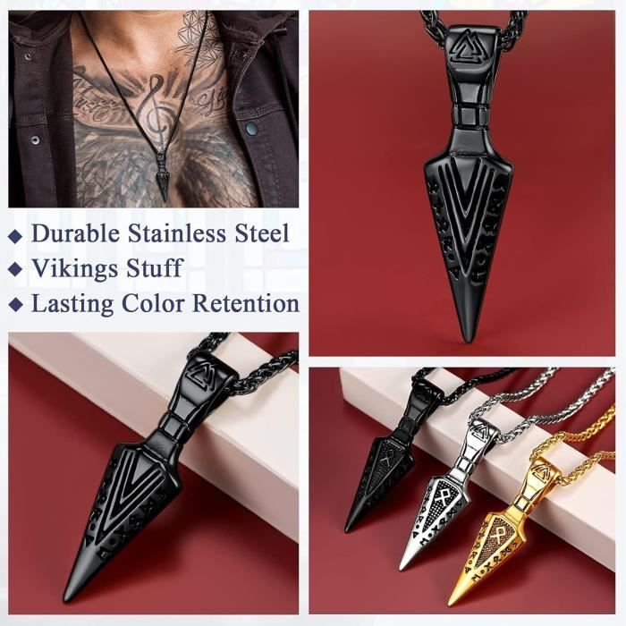 Collier Viking Vegvisir Homme – Pendentif Bouclier/flèche En Acier Inox 316L, Chaîne Ajustable 55+5 Cm – Style Runique Nordique