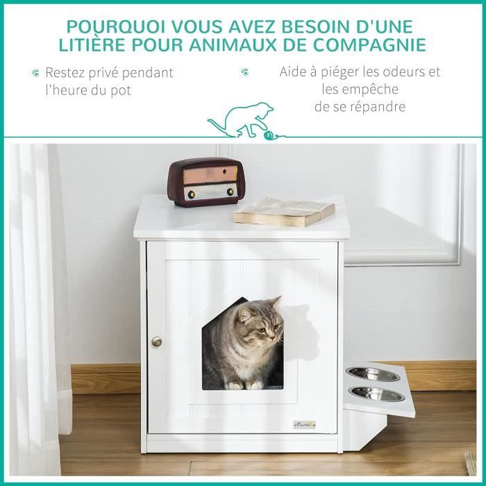 Cache-litière Pour Chat 2 En 1 - Table D'appoint Avec Rangement - 86 X 48 X 52 Cm, Blanc - Cloison Amovible, 2 Portes - 11