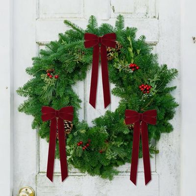 Nœuds Ruban Noël Velours Bordeaux - Lot De 12, 13x18 Cm, Décoration Sapin, Cadeaux, Guirlande, Tissu Qui Ne Décolore Pas - 11