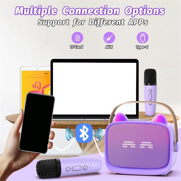 Karaoké Bluetooth portable avec 2 microphones sans fil, effets de voix Karaoké Bluetooth portable avec 2 microphones sans fil, effets de voix