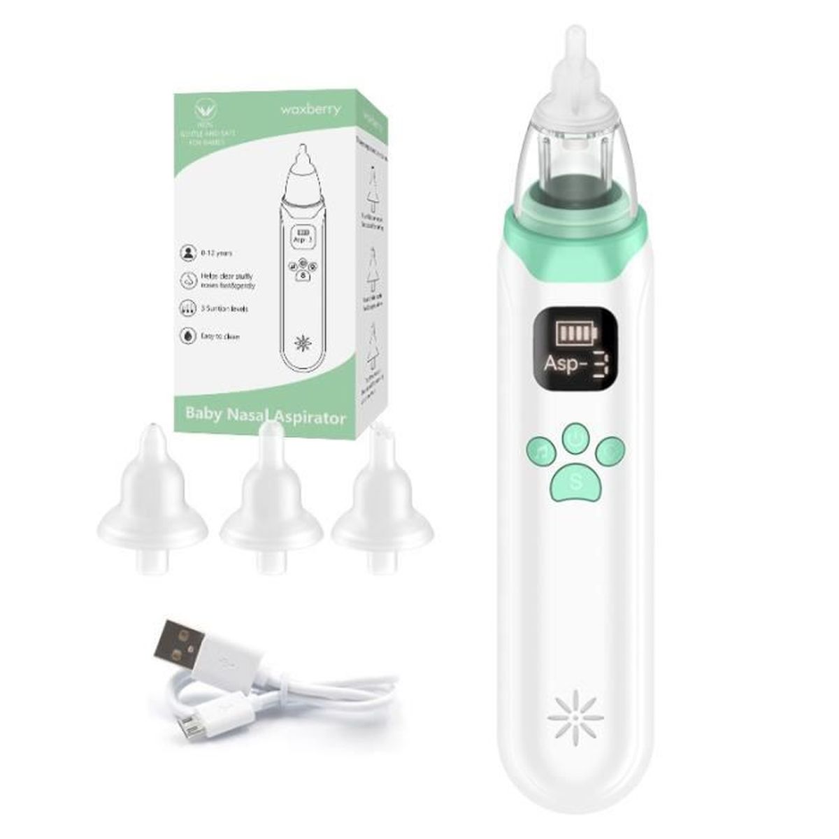 Aspirateur Nasal Bébé Électrique - 3 Niveaux D'Aspiration - Avec 6 Embouts Silicone Doux - Rechargeable