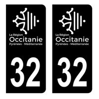 Autocollants Stickers plaque immatriculation voiture auto département 32 Gers Logo Région Occitanie Full Noir Lot de 2