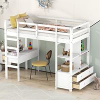 DRIPEX Lit Surélevé 90x200cm avec bureau de table sous le lit, tiroirs de rangement,Lit mezzanine avec étagères de rangement,Blanc