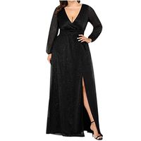Sasaquoy Mode Femmes Sexy Plus La Taille Col En V À Manches Longues Épissage Solide Perspective Sequin Robe De Soirée noir