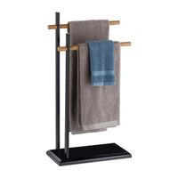 Relaxdays Porte-serviettes sur pied, Support pour serviettes de bain 2 barres, bambou, métal, 85,5x45x22,5 cm, noir - 4052025247652