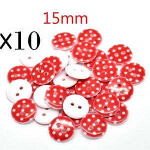 Lot de 10 Boutons en Bois Motif Rouge 15mm avec 4 Trous Mercerie