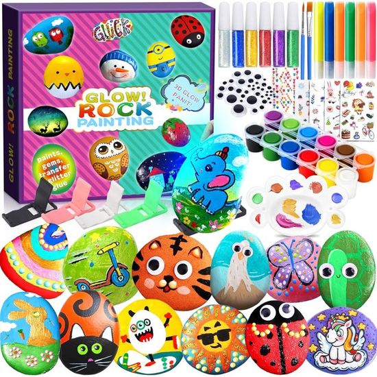 Kit De Peinture Sur Pierre TOSUTO – 12 Galets + 2 Pierres Lumineuses – 24 Peintures – Dès 3 Ans
