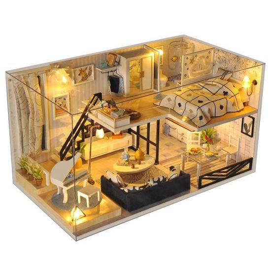Maison De Poupée Miniature HJBHDOLL En Bois à Assembler - Avec LED Et Couvercle | Kit DIY Créatif