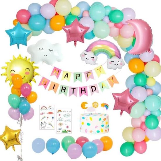 Weeyin Déco Anniversaire Fille Arc-en-ciel – Ballons, Bannière Happy Birthday, Toppers Et Tatouages – Kit Réutilisable