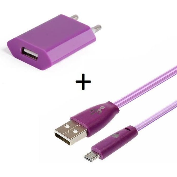Pack Chargeur pour WIKO View 4 Lite Smartphone Micro USB (Cable Smiley LED + Prise Secteur USB) Android Connecteur (VIOLET)
