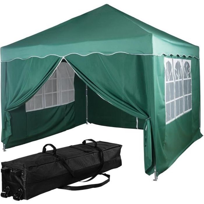 INSTENT Structure de tonnelle pliante + 4 panneaux, 3x3 m acier « BASIC » couleur vert, avec sac de transport à roulettes