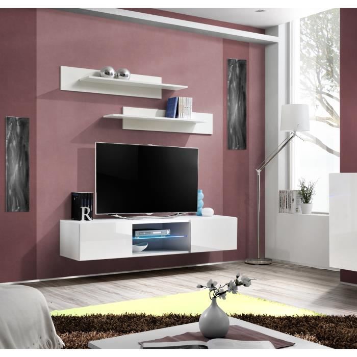 PRICE FACTORY - Meuble TV FLY design, coloris blanc brillant. Meuble suspendu moderne et tendance pour votre salon.