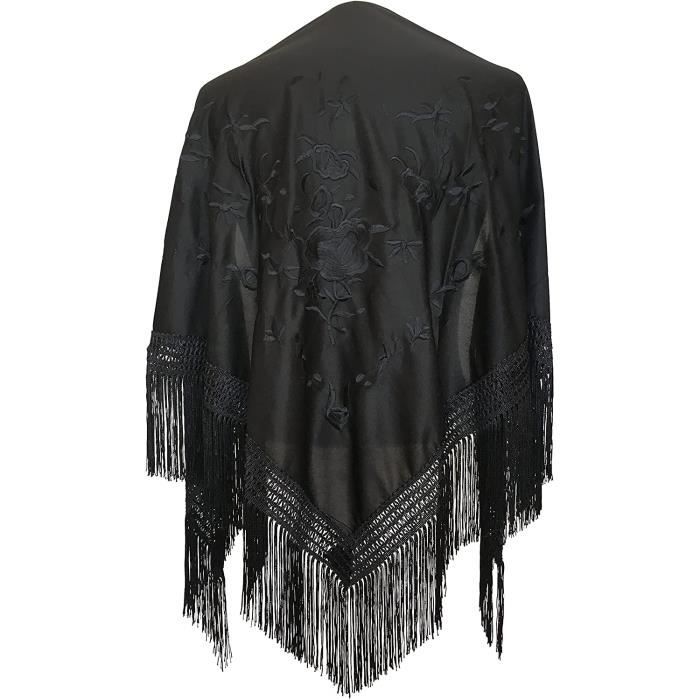 La Senorita Foulard Ceinture Châle Danse Flamenco Broderie Noir Fleurs Bleu Large - 190x90 Cm