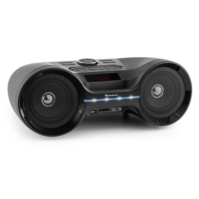 auna Boombastic - Boombox Bluetooth avec port USB et SD pour lecture MP3, AUX et radio FM (effets lumineux LED, batterie, réveil)