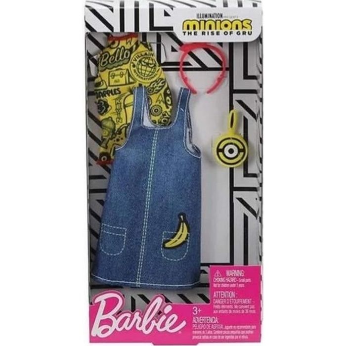 Barbie - Habit Poupee Mannequin - Jupe Jeans Avec Top jaune Minions Avec Sac A Main Et Serre Tete Rouge - Vetement - Tenue - Acces