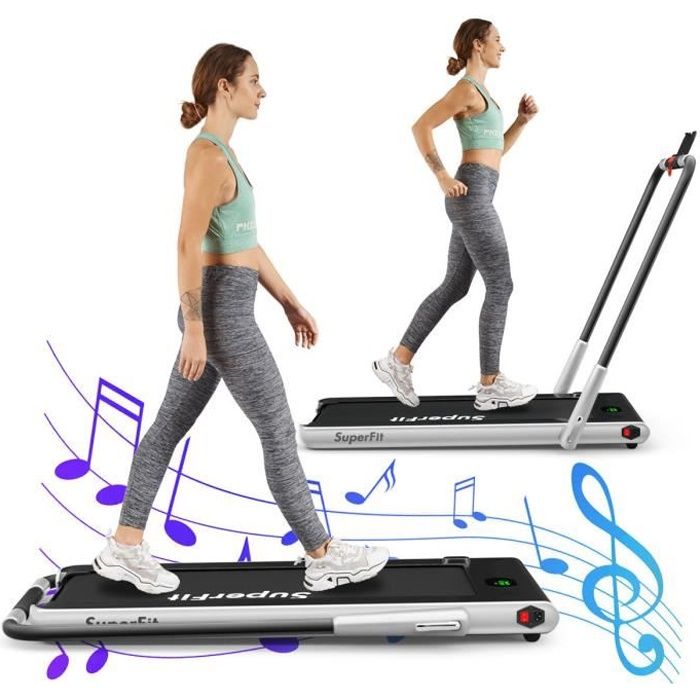 COSTWAY Tapis de Course Electrique Pliable 2 en 1 Contrôlé par APP 12 Km/H avec Ecran LED Haut-parleur Bluetooth Moteur 0,75HP
