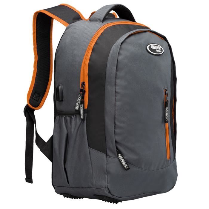 Sac à Dos 35L Gris-Orange randonnée Montagne Sport Vacances école Port USB Tissu 600D Oxford Sac Ordinateur Portable compartiments